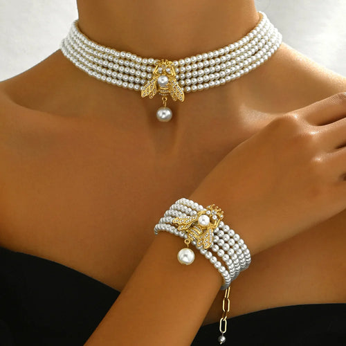 Pearl Bee Pendant Necklace Bracelet Set Multilayer Beaded Chain Jewelry Combination for Women - 1