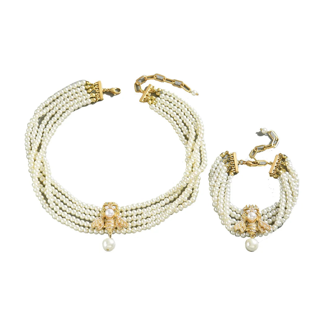Pearl Bee Pendant Necklace Bracelet Set Multilayer Beaded Chain Jewelry Combination for Women - 3