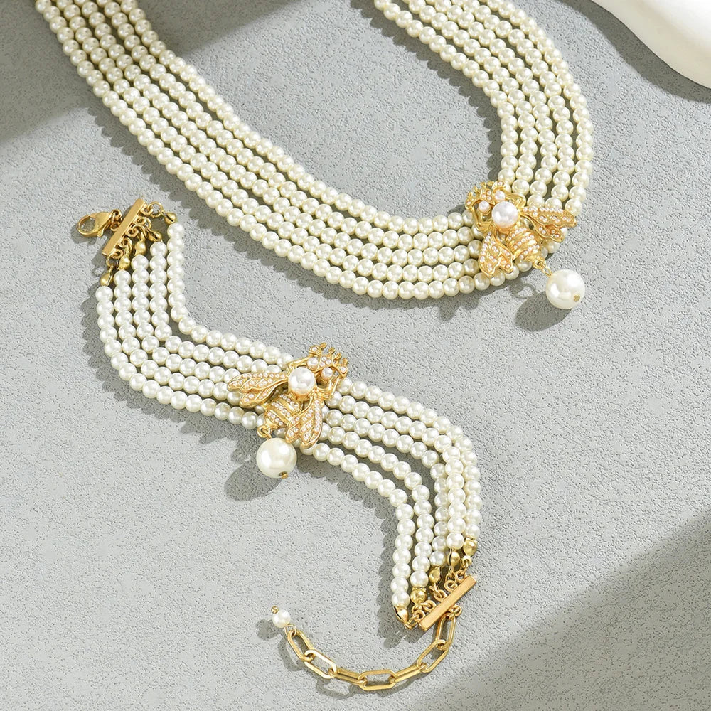 Pearl Bee Pendant Necklace Bracelet Set Multilayer Beaded Chain Jewelry Combination for Women - 4