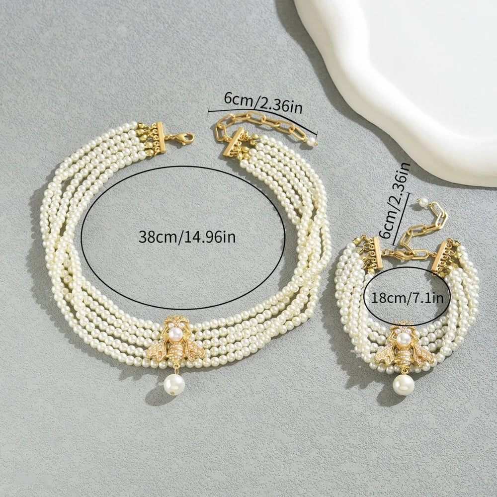 Pearl Bee Pendant Necklace Bracelet Set Multilayer Beaded Chain Jewelry Combination for Women - 5
