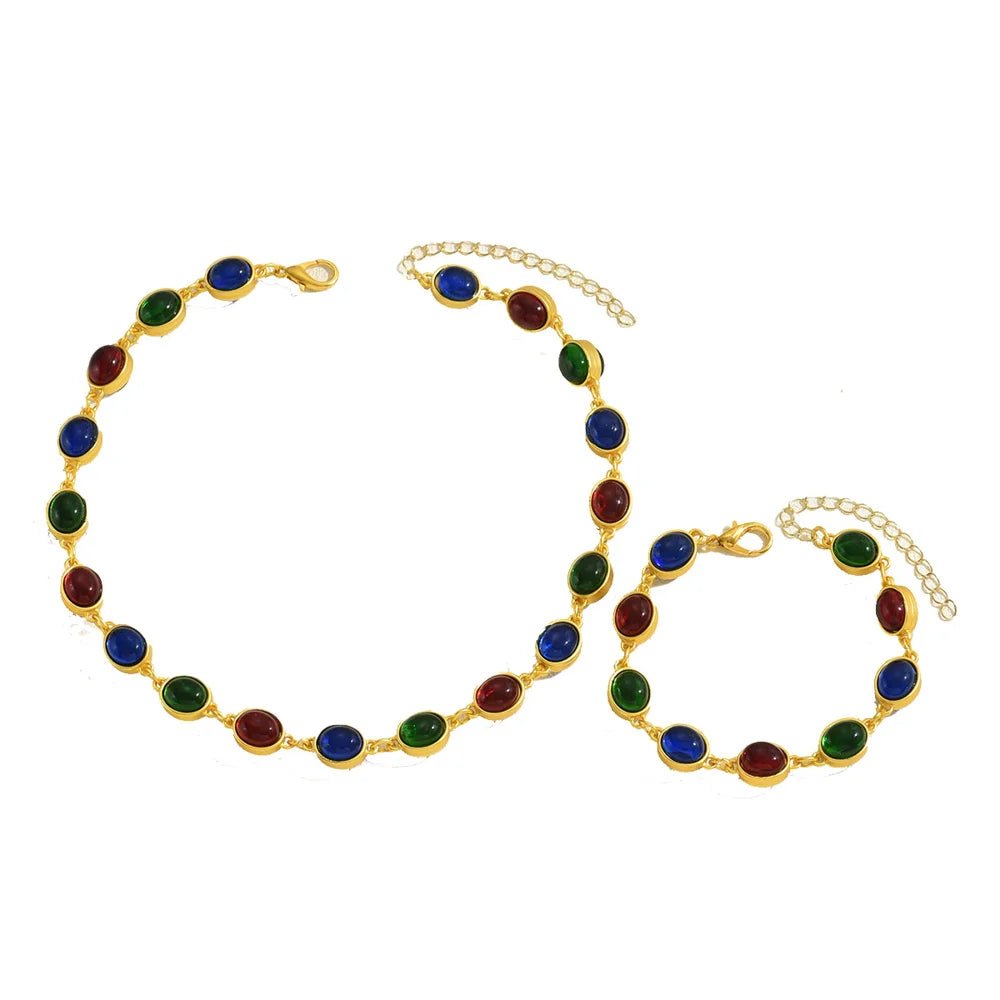 Women Jewelry Set Alloy Gemstone Necklace Bracelet European Court Style Collarbone Chain - 2
