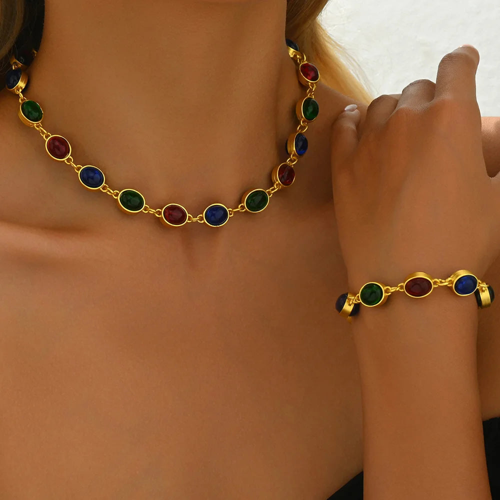 Women Jewelry Set Alloy Gemstone Necklace Bracelet European Court Style Collarbone Chain - 3