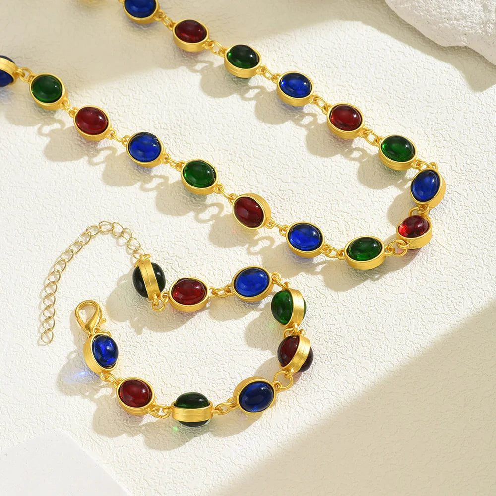 Women Jewelry Set Alloy Gemstone Necklace Bracelet European Court Style Collarbone Chain - 4