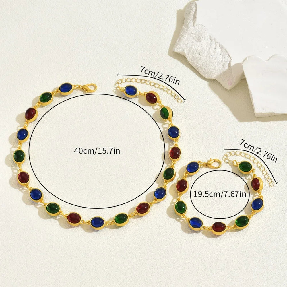 Women Jewelry Set Alloy Gemstone Necklace Bracelet European Court Style Collarbone Chain - 5
