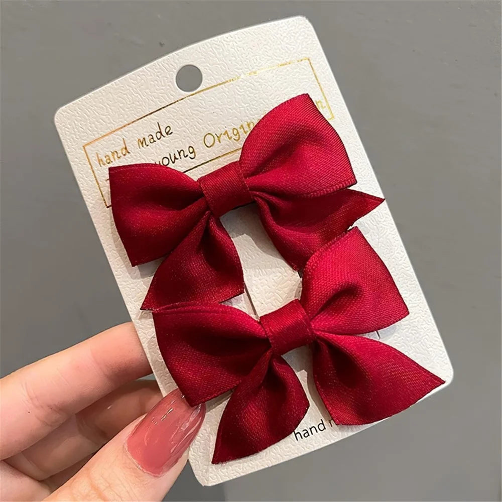ETHDJ00601  1Pair Simple Style Hair Bow Clips Non-slip Cute Bows Clip Barrettes Hair Accessories for Baby Girls - Red - 2