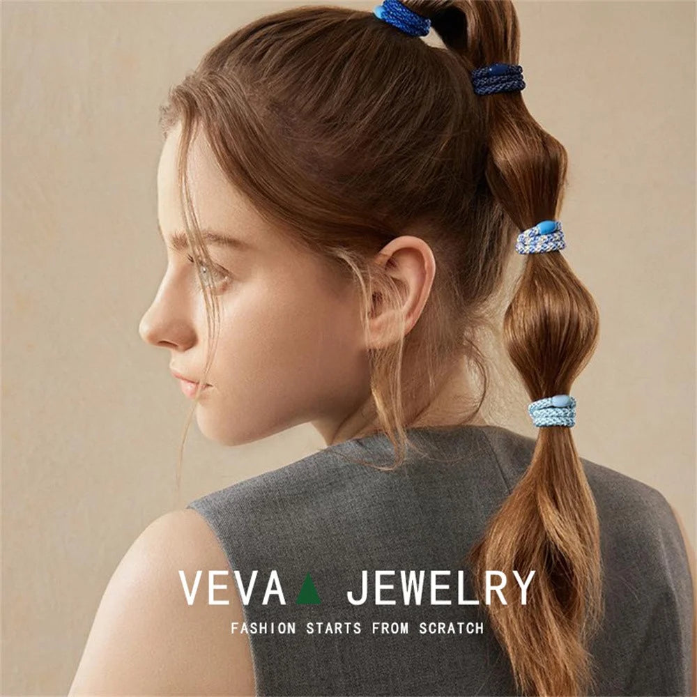 12Pcs High Elastic Braided Hair Ties Set Multi-Color Scrunchies with Beads for Daily Sports - Brown Black - 3