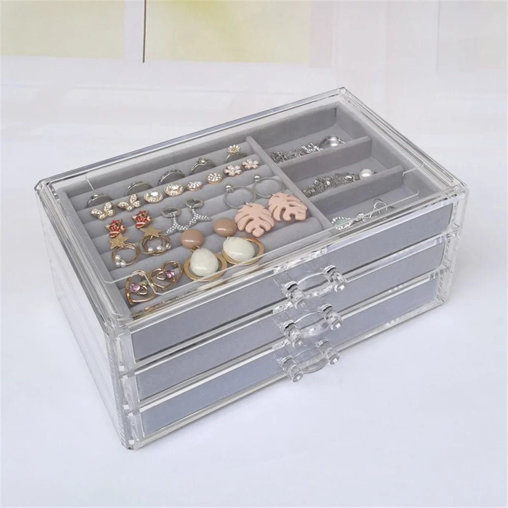 Jewelry Box 3-Layer Jewelry Organizer Removable Tray Drawer Storage Box for Necklaces, Earrings, Rings, Makeups - Grey - 3