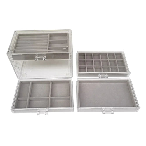 6402-4 Jewelry Storage Box with Clear Lid, 4-Layer Jewelry Organizer Acrylic Soft Velvet Drawer Box Gift for Earring Necklace Bracelet Ring Watch - Grey - 1