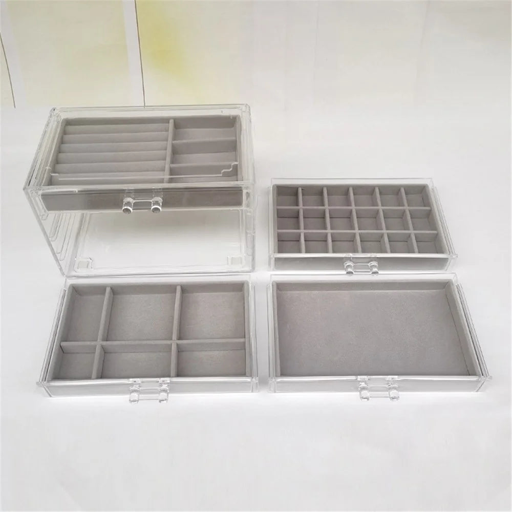 6402-4 Jewelry Storage Box with Clear Lid, 4-Layer Jewelry Organizer Acrylic Soft Velvet Drawer Box Gift for Earring Necklace Bracelet Ring Watch - Grey - 2
