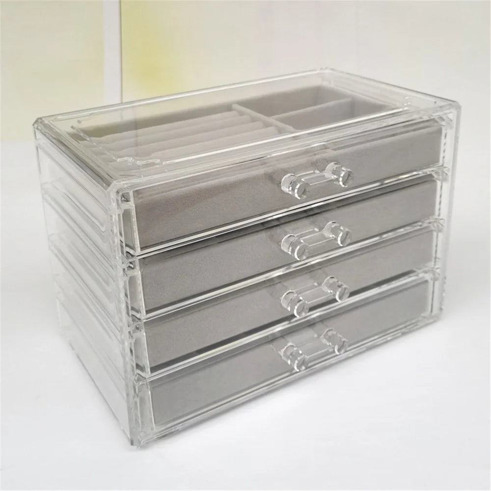 6402-4 Jewelry Storage Box with Clear Lid, 4-Layer Jewelry Organizer Acrylic Soft Velvet Drawer Box Gift for Earring Necklace Bracelet Ring Watch - Grey - 3
