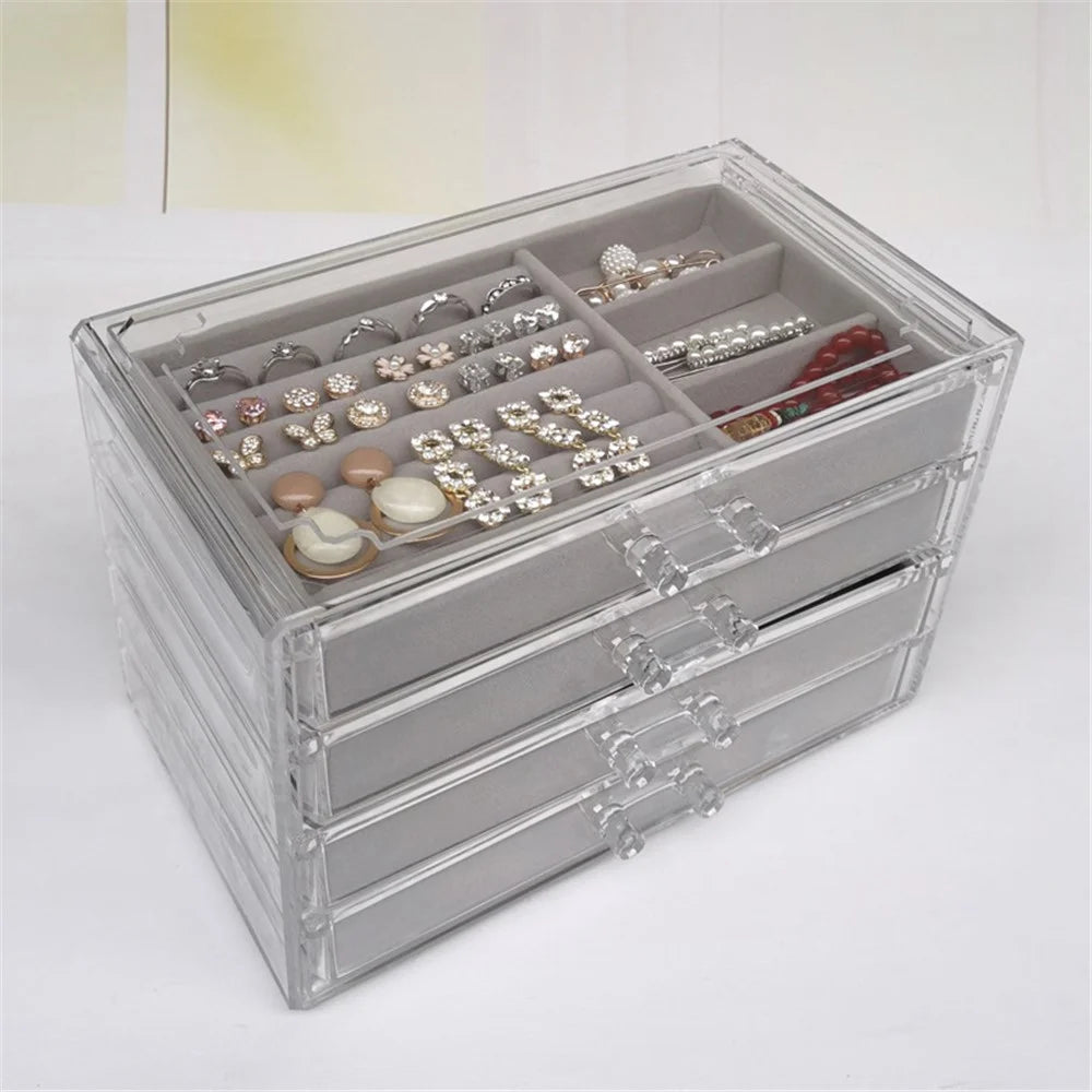 6402-4 Jewelry Storage Box with Clear Lid, 4-Layer Jewelry Organizer Acrylic Soft Velvet Drawer Box Gift for Earring Necklace Bracelet Ring Watch - Grey - 4