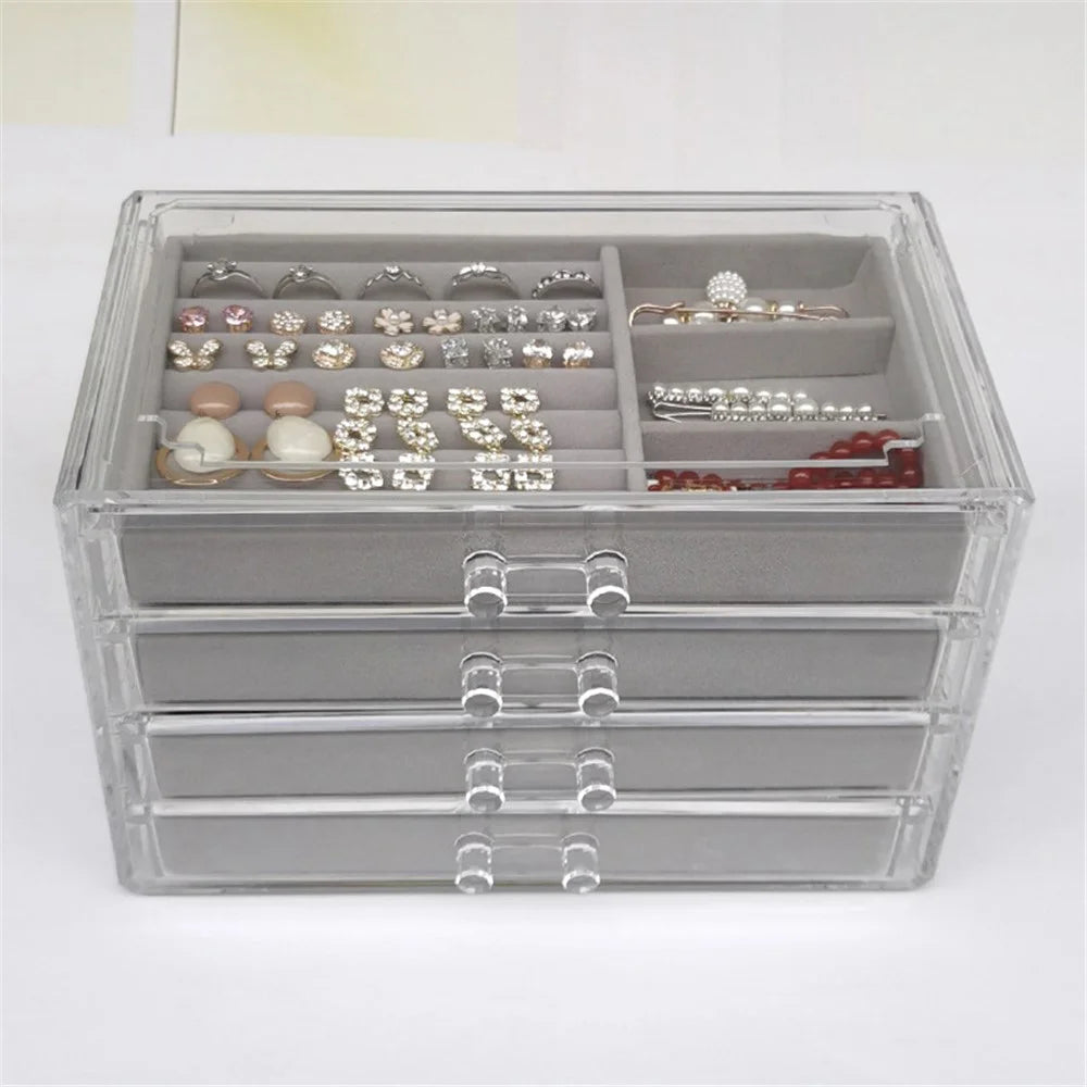 6402-4 Jewelry Storage Box with Clear Lid, 4-Layer Jewelry Organizer Acrylic Soft Velvet Drawer Box Gift for Earring Necklace Bracelet Ring Watch - Grey - 5