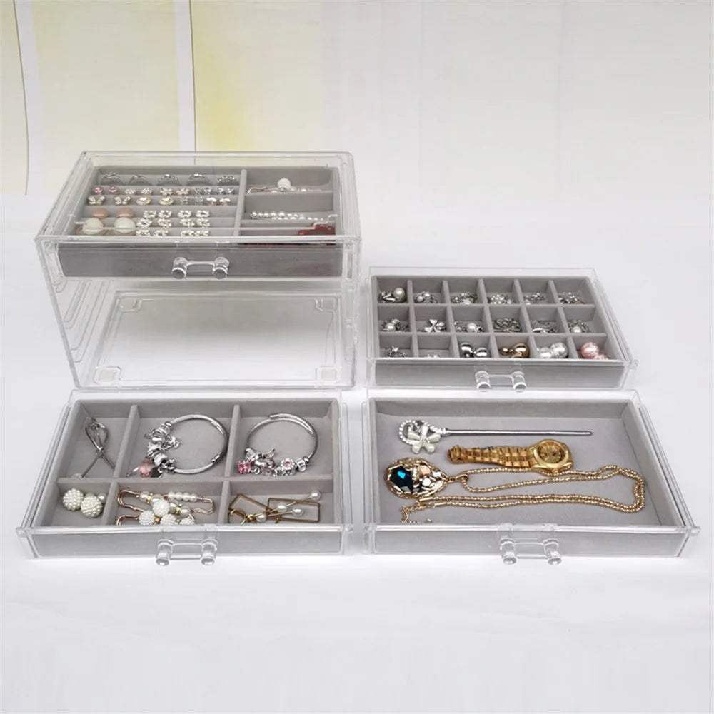 6402-4 Jewelry Storage Box with Clear Lid, 4-Layer Jewelry Organizer Acrylic Soft Velvet Drawer Box Gift for Earring Necklace Bracelet Ring Watch - Grey - 6