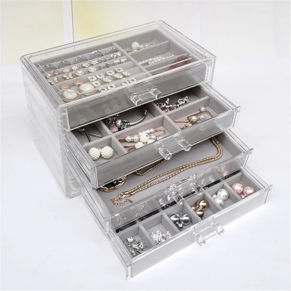 6402-4 Jewelry Storage Box with Clear Lid, 4-Layer Jewelry Organizer Acrylic Soft Velvet Drawer Box Gift for Earring Necklace Bracelet Ring Watch - Grey - 7