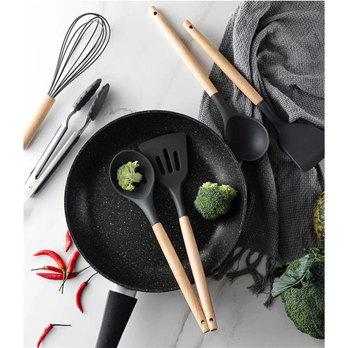 11Pcs/Set BPA Free Wooden Handle Silicone Kitchenware Cooking Tool Accessories Kitchen Utensils Set (FDA Certified Material) - with Storage Tank - 1