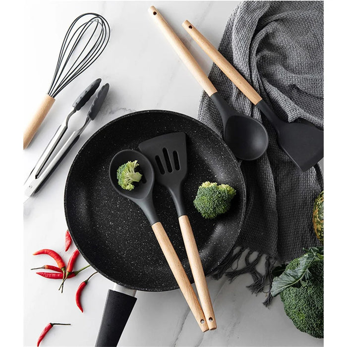 11Pcs/Set BPA Free Wooden Handle Silicone Kitchenware Cooking Tool Accessories Kitchen Utensils Set (FDA Certified Material) - with Storage Tank - 1