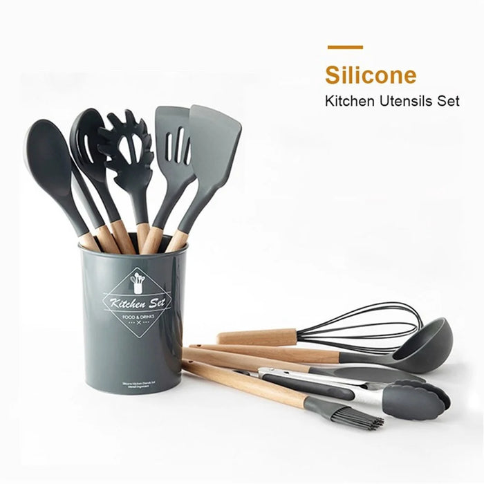 11Pcs/Set BPA Free Wooden Handle Silicone Kitchenware Cooking Tool Accessories Kitchen Utensils Set (FDA Certified Material) - with Storage Tank - 2