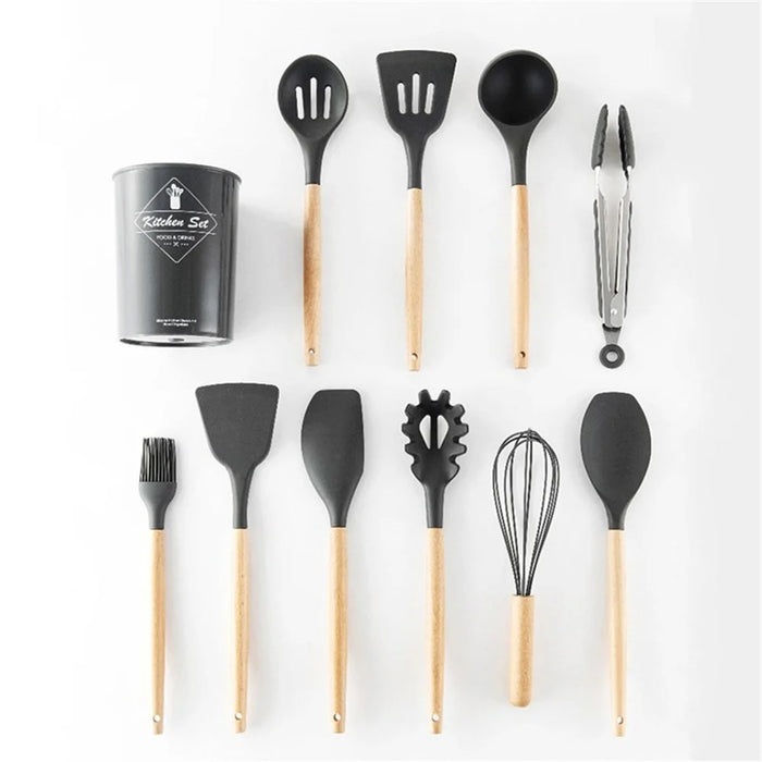 11Pcs/Set BPA Free Wooden Handle Silicone Kitchenware Cooking Tool Accessories Kitchen Utensils Set (FDA Certified Material) - with Storage Tank - 3