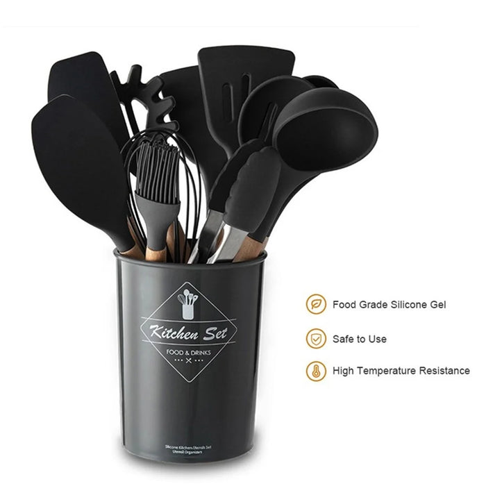 11Pcs/Set BPA Free Wooden Handle Silicone Kitchenware Cooking Tool Accessories Kitchen Utensils Set (FDA Certified Material) - with Storage Tank - 5