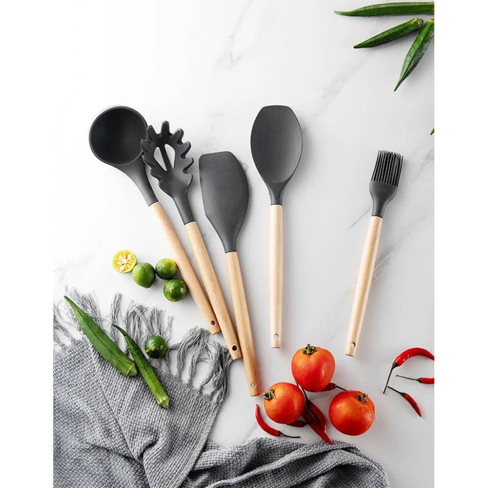11Pcs/Set BPA Free Wooden Handle Silicone Kitchenware Cooking Tool Accessories Kitchen Utensils Set (FDA Certified Material) - with Storage Tank - 7