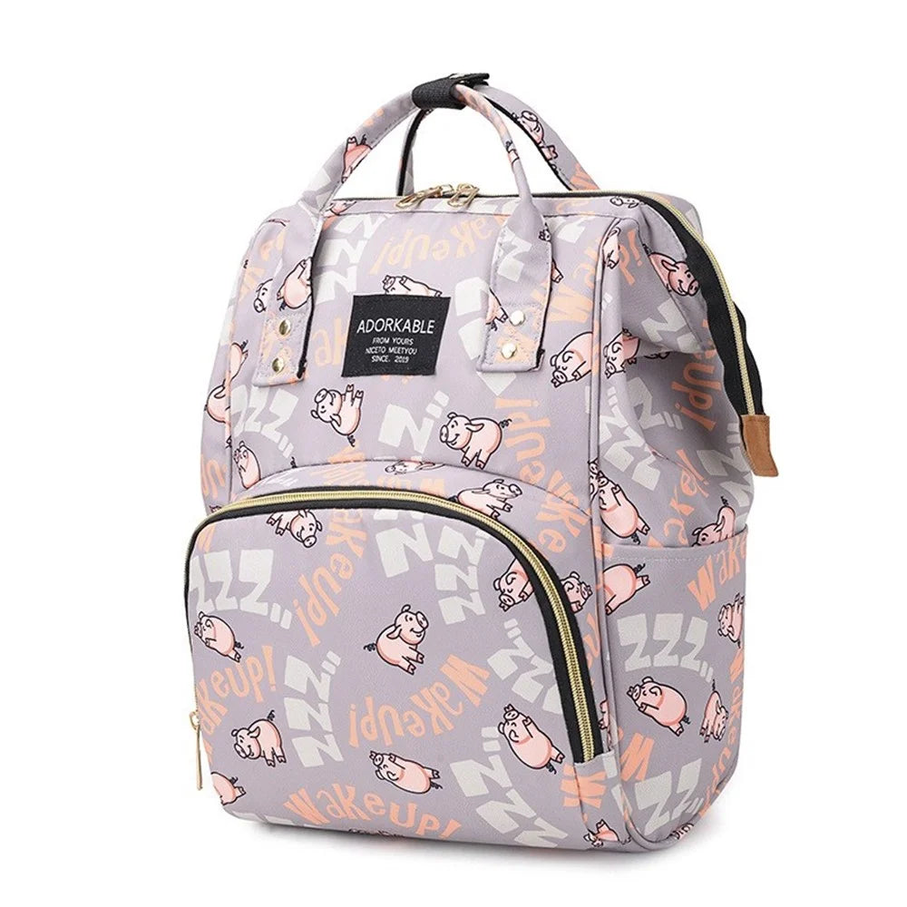 Diaper Backpack Cartoon Pattern Baby Nappy Backpack Large Multifunctional Diaper Bag Mommy Maternity Bag - Grey/Pig - 1