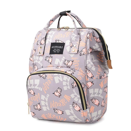 Diaper Backpack Cartoon Pattern Baby Nappy Backpack Large Multifunctional Diaper Bag Mommy Maternity Bag - Grey/Pig - 1