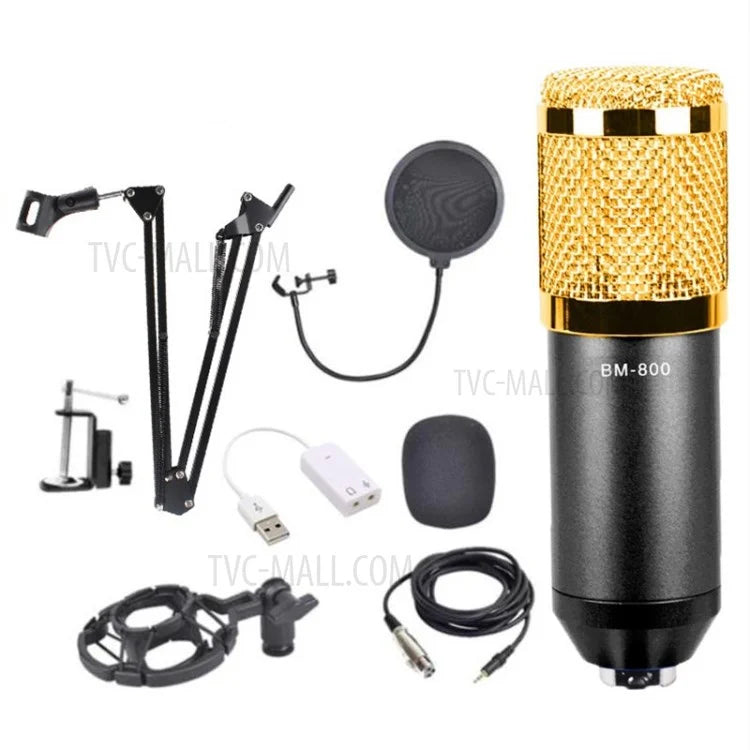 Condenser Microphone Audio Professional Kit Studio Recording Set with Stand - Black - 1