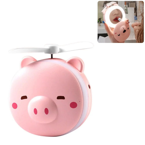 Piggy Shape Creative 2-IN-1 LED Consmetic Mirror Cooling Fan - Squinting Pig - 1