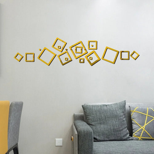 FANXI 18 Pcs/Set Acrylic Geometric Hollow Square Mirror Sticker Wall Sticker for Home Room Kitchen Office - Gold - 1