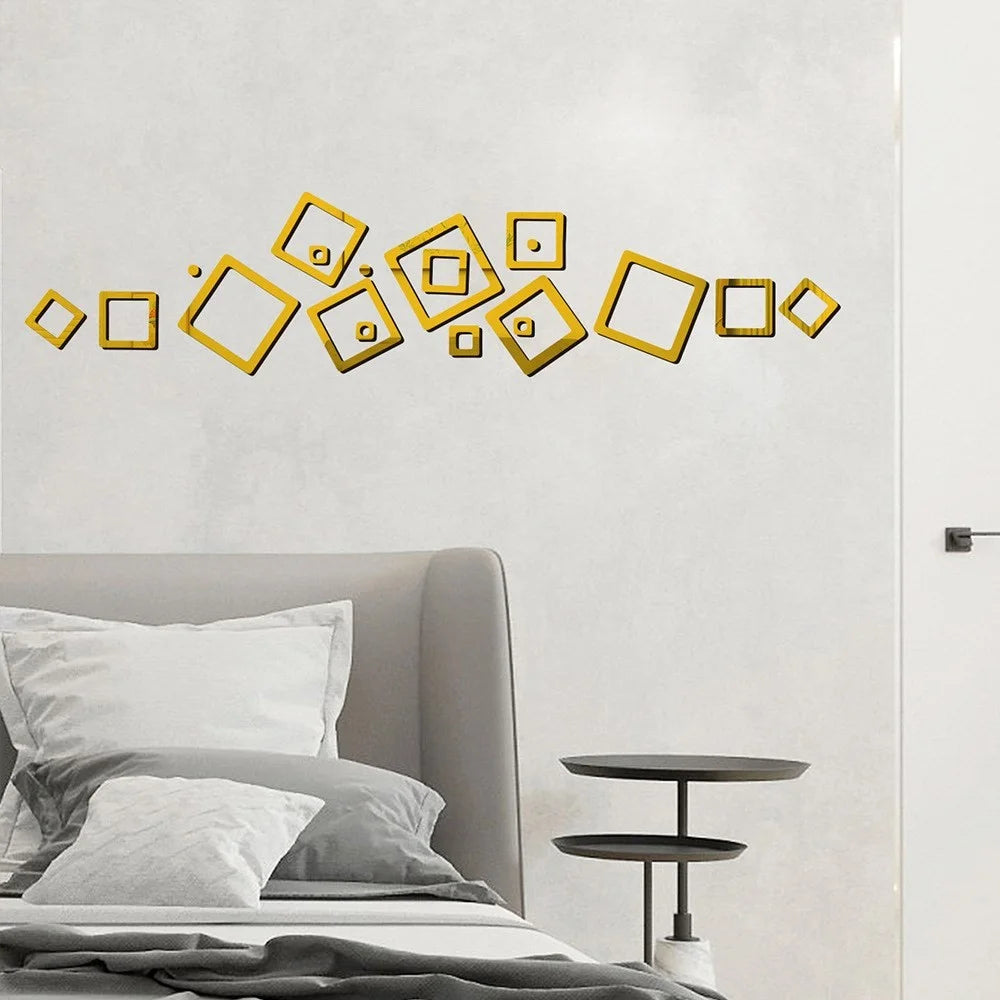 FANXI 18 Pcs/Set Acrylic Geometric Hollow Square Mirror Sticker Wall Sticker for Home Room Kitchen Office - Gold - 2