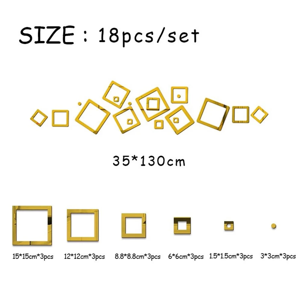 FANXI 18 Pcs/Set Acrylic Geometric Hollow Square Mirror Sticker Wall Sticker for Home Room Kitchen Office - Gold - 3