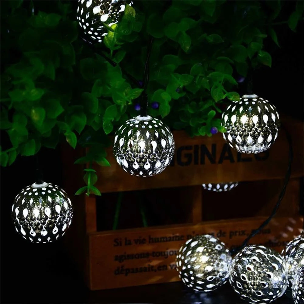 Iron Metal Ball Moroccan Ball Solar Lamp String-Silver Shell/5m 20 - LED/White - Silver Shell//5m 20-LED/White - 1