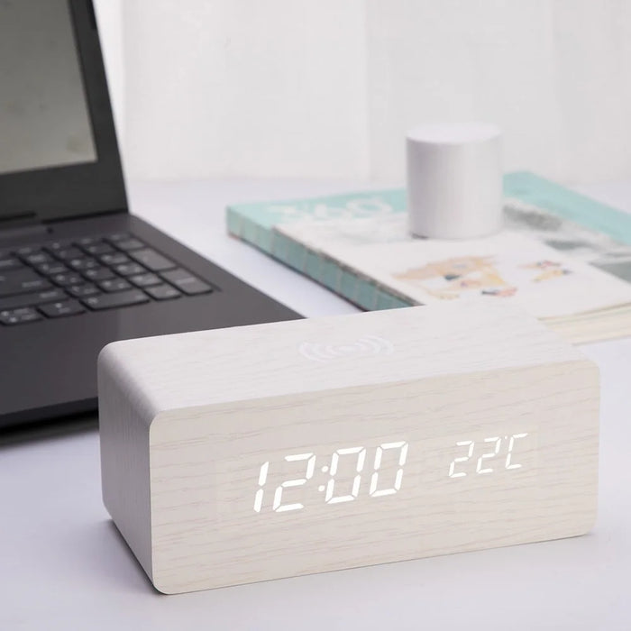 Wooden Alarm Clock with Sound Control Qi Wireless Charging Function Compatible with iPhone Samsung - White - 1