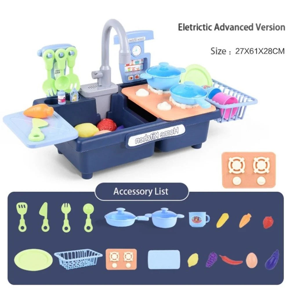 Wash-up Kitchen Toys with Running Water Electric Dishwasher Pretend Toy Role Play Cooking Toys - Upgraded Electric Mode, Blue - 1