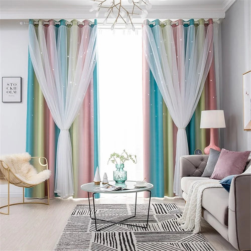 2-Layer Gradient Starry Stars Tulle+Blackout Curtain Room Decor - Pink/1m x 1.3m - 1