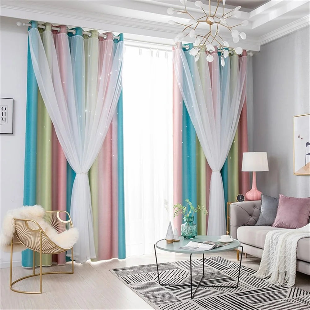 2-Layer Gradient Starry Stars Tulle+Blackout Curtain Room Decor - Pink/1m x 1.3m - 2
