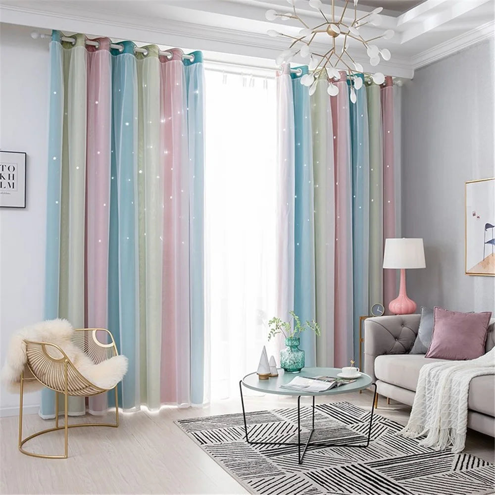 2-Layer Gradient Starry Stars Tulle+Blackout Curtain Room Decor - Pink/1m x 1.3m - 3