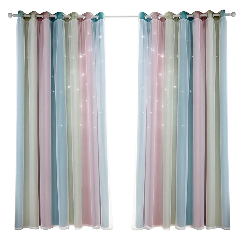 2-Layer Gradient Starry Stars Tulle+Blackout Curtain Room Decor - Pink/1m x 1.3m - 4
