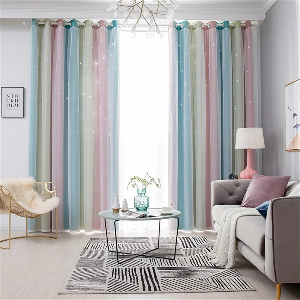 2-Layer Gradient Starry Stars Tulle+Blackout Curtain Room Decor - Pink/1m x 1.3m - 5