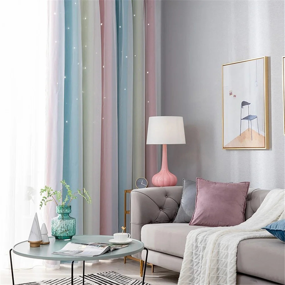 2-Layer Gradient Starry Stars Tulle+Blackout Curtain Room Decor - Pink/1m x 1.3m - 6