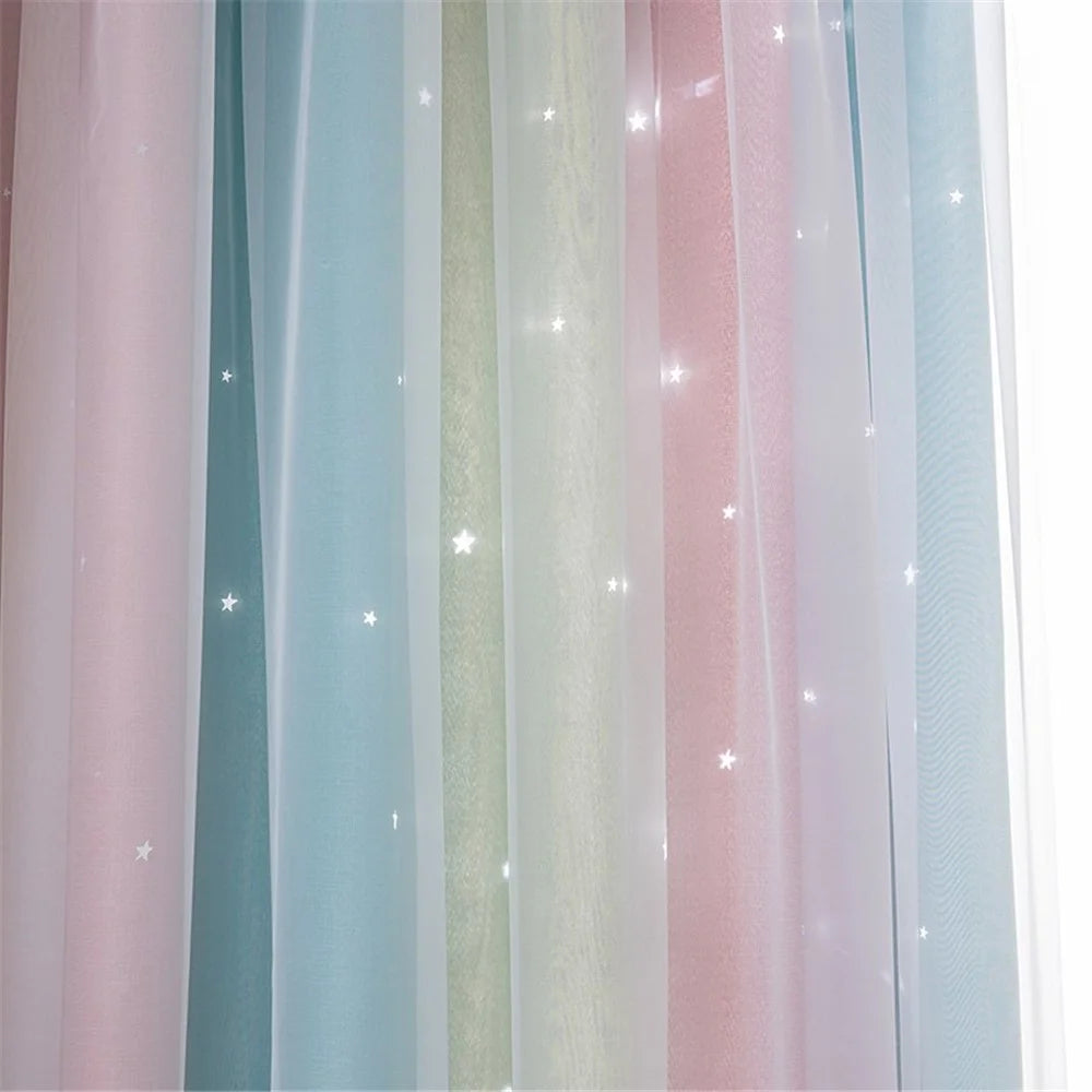 2-Layer Gradient Starry Stars Tulle+Blackout Curtain Room Decor - Pink/1m x 1.3m - 7