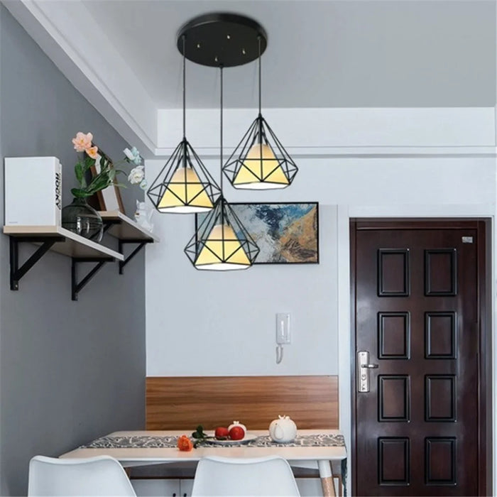 Diamond Shape Hollow 3 Heads Iron Pendant Lamp Restaurant/Teahouse Ceiling Light - 2