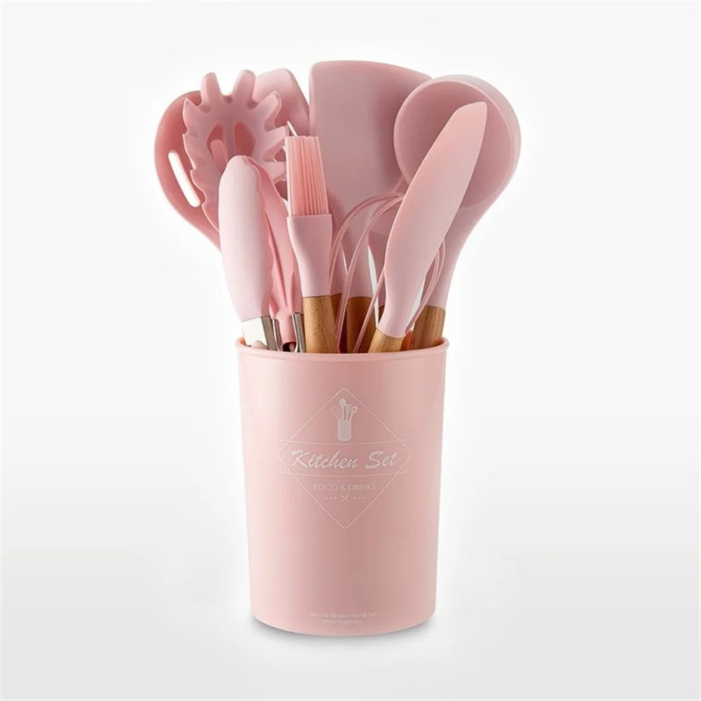 Pink Silicone Utensils Set Spatula Soup Spoon Non-stick Shovel Oil Brush Kitchen Tool - 11Pcs/Set - 1