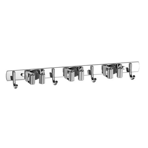 Mop Broom Holder Wall Mounted Hanger Stainless Steel Hooks for Laundry Bathroom Kitchen Garage Tools Rack - Grey//3 Slot 4 Hook - 1
