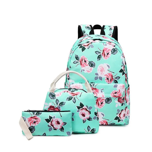3Pcs Waterproof School Bags Flower Printing Student Backpack Bento Box Bag Clutch Bag Set - Green - 1