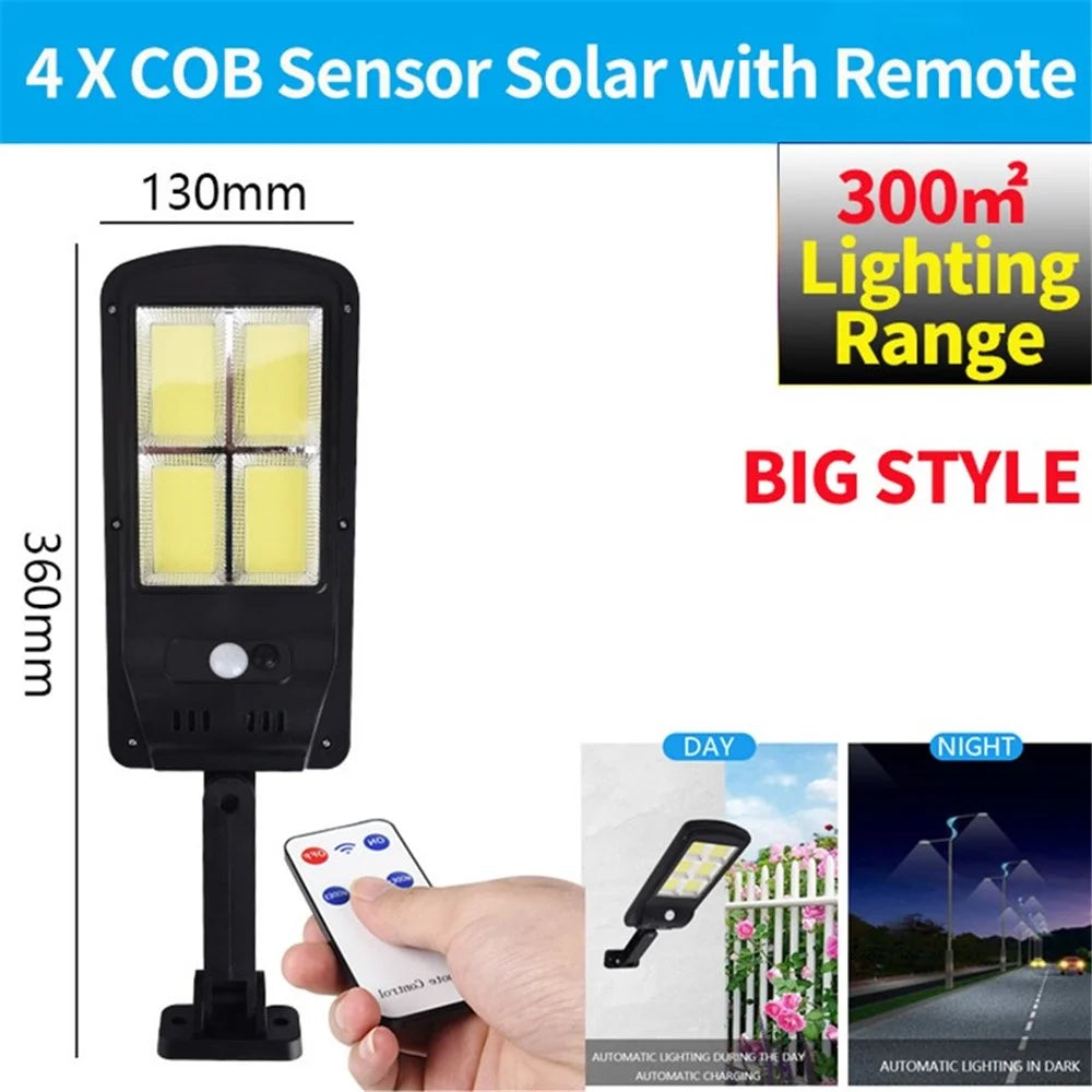 LED Solar Street Light 3 Modes Remote Garden Lamp IP67 Waterproof Motion Sensor Outdoor Lighting - L Size/4 COB with Remote - 1