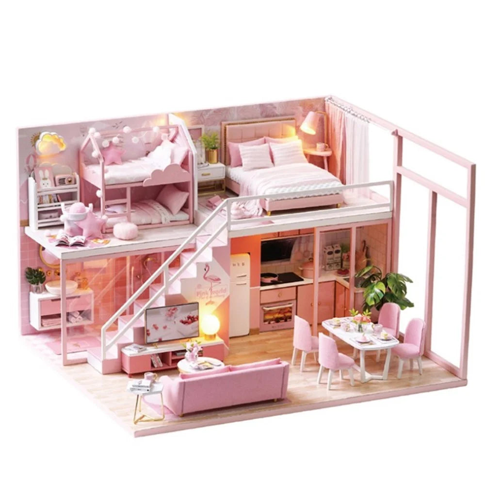 Wooden Miniature Dollhouse Tiny House  DIY Hand Assembled Doll - 1