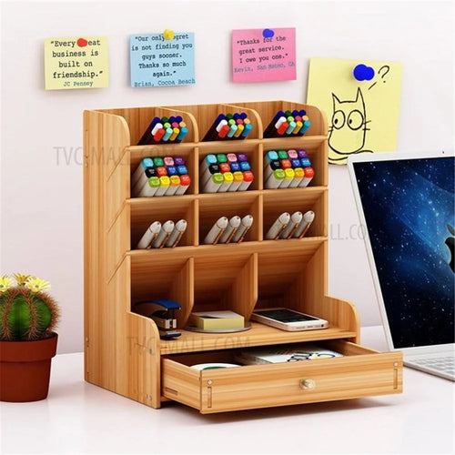Desktop Shelf Stationery Pen Cosmetics Storage Rack Organizer Office Furniture Space Saver - Cherry Wood - 1