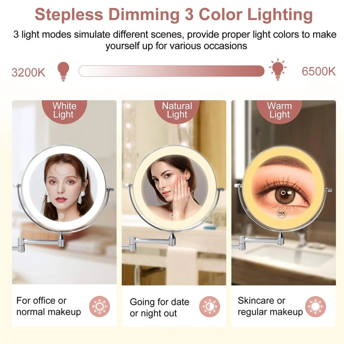 LED Light Vanity Makeup Mirror 10X Magnification Double Sided Rotatable 8 inch Wall Mounted Round Mirror - 5