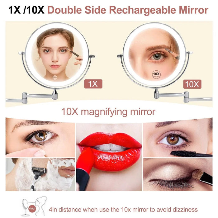 LED Light Vanity Makeup Mirror 10X Magnification Double Sided Rotatable 8 inch Wall Mounted Round Mirror - 6